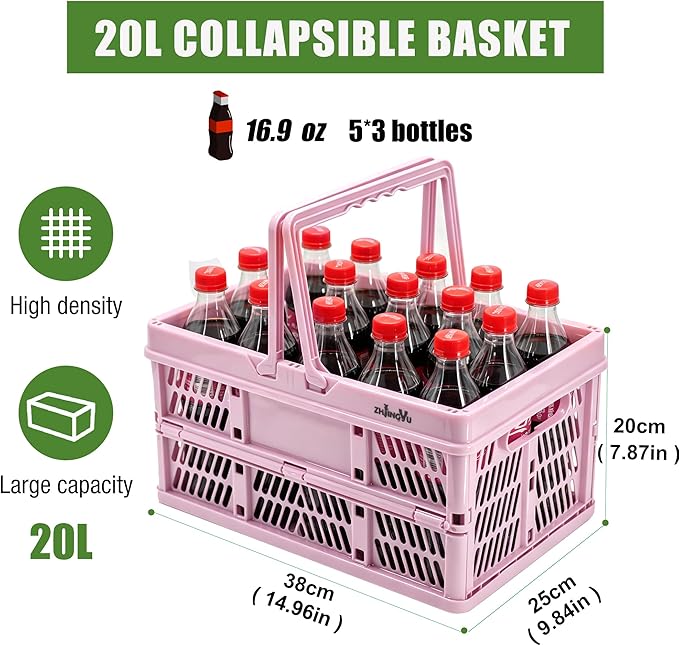 Pink Plastic Baskets with handles,2-pack Collapsible crates for storage,14.96"x9.84"x7.87" foldable shopping basket ,foldable crate with Handles for car Classroom Kitchen Bathroom Medicine Milk