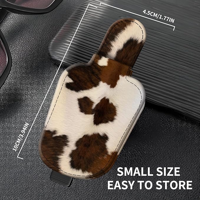Leather Magnetic Sunglass Holder for Car Sun Visor, Cute Eyeglass Ticket Card Hanger Clip, Universal Auto Interior Accessories for SUV Pickup Truck Brown Cow Print