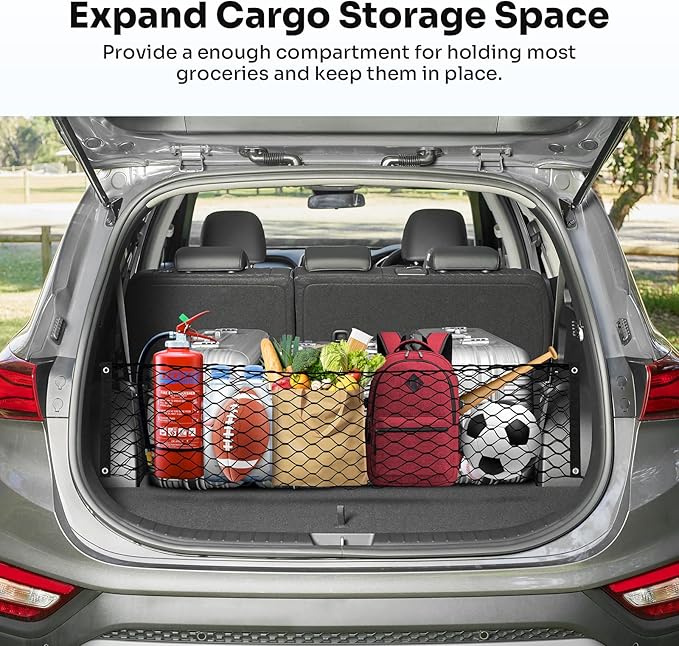 Canvcle Trunk Cargo Net for 2013-2025 2026 Hyun-dai Santa Fe Accessories Envelope Style Mesh Trunk Net Organizer and Storage Stretchable Adjustable Elastic Nylon Rear Cargo Netting with Hooks
