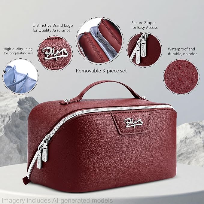BOYATU Travel Makeup Bag Cosmetic Bags for Women: Large Capacity 3 Pcs Set Make up Bag with Compartments - Waterproof Vegan Leather Toiletry Organizer Bags with Handle (L29Red)
