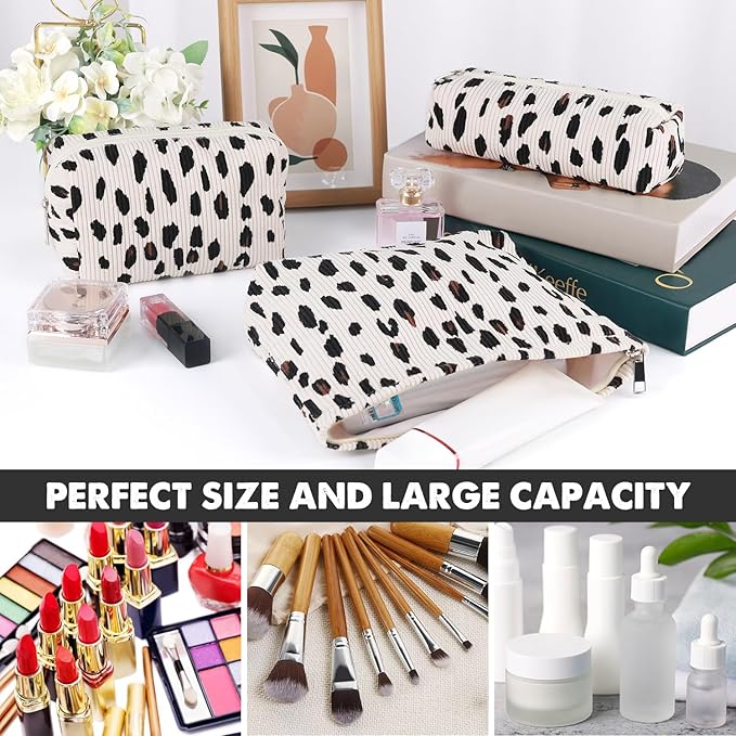 3 Pcs Makeup Bag Cosmetic Bag Set for Girls Women Travel Organizer Bathroom Toiletry Pouch Large Capacity Storage Bag (Leopard Beige)