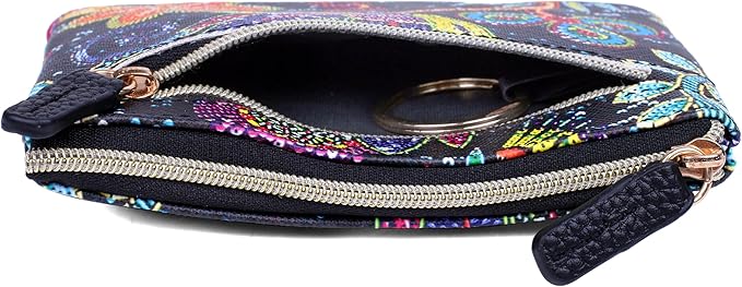 Julia Buxton Vegan Leather Wallet with Zipper, ID Windows, RFID Blocking, Card Slots & Key Ring, Compact Coin & Card Holder Case, Gift Idea,Sequin Flower