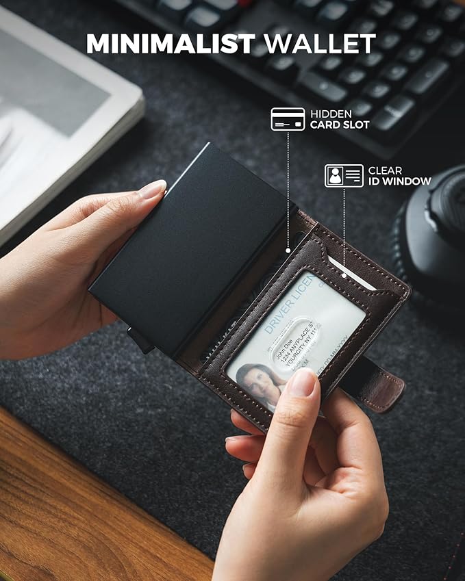 VULKIT Slim Bifold Pop up Wallet Minimalist Leather Card Holder RFID Blocking Metal Card Case with ID Window for Women | with Leather Slots, RFID Blocking, Slim, Metal Card Case