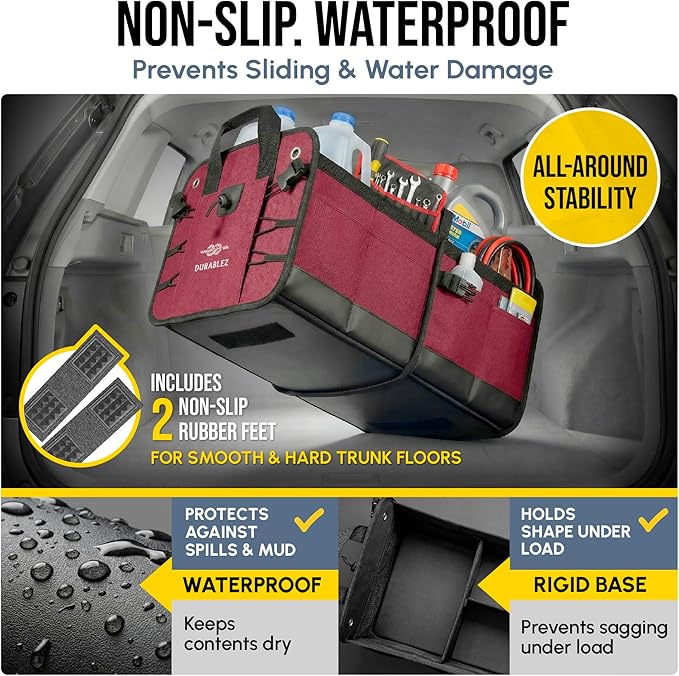 4-Section Trunk Organizer for SUV, Truck, Van, Sedan – Modular Extra Large Cargo Bin, Detachable Car Trunk Storage with Dividers, Collapsible Auto Organization System – Cherry