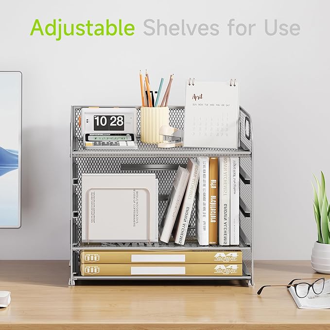 Cawukege 5 Tier Paper Organizer with Handle, Silver Metal Mesh Desk Organizer File Folder Paper Letter Tray Desktop Document Sorter for Classroom, School, Office Accessories Organization and Storage