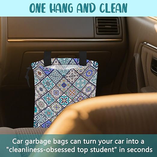 Car Garbage Bag Abstract Portuguese Tiles Drawstring Car Trash Bag Hanging for Back Seat with Adjustable Buckle Canvas Vehicle Trash Can Easy-to-Install