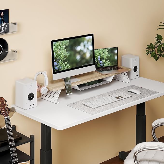 Fenge Dual Monitor Stand, 42.5 Inch Monitor Riser for Desk, Wood Desk Shelf for 2 Monitors, 2 Tier Monitor Shelf with Headphone Stand & Phone Holder