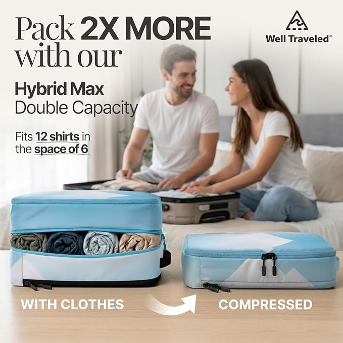 4-Piece Luxury Compression Packing Cubes & Bags for Travel – Maximize Space in Luggage with HybridMax Double-Capacity Design, 50 Luggage Tags, Patented Suitcase Organizer Bags, Lifetime Satisfaction