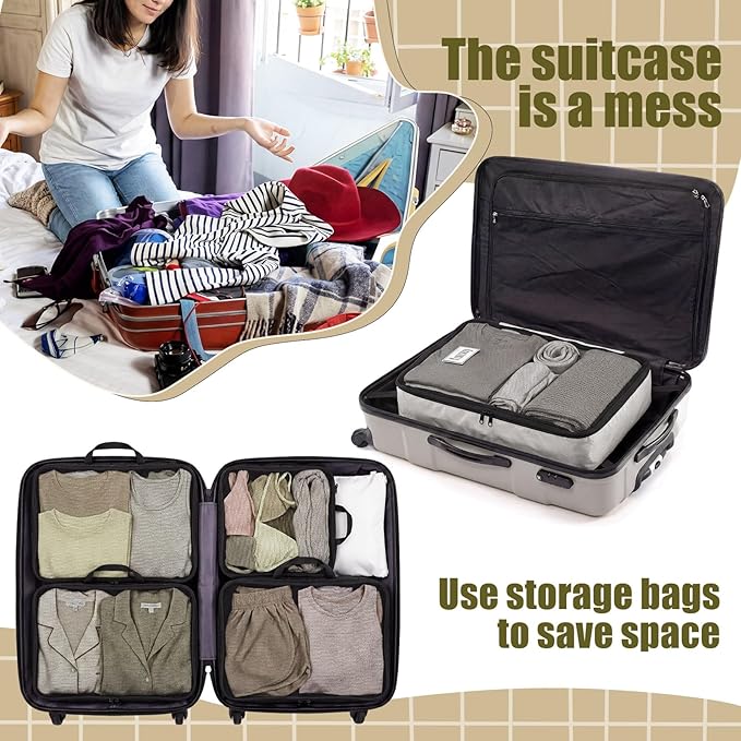 7 Pcs Packing Cubes for Travel Days of Week Compression Packing Cube with Labels Organizers Luggage Storage Bag(Brown,Large)