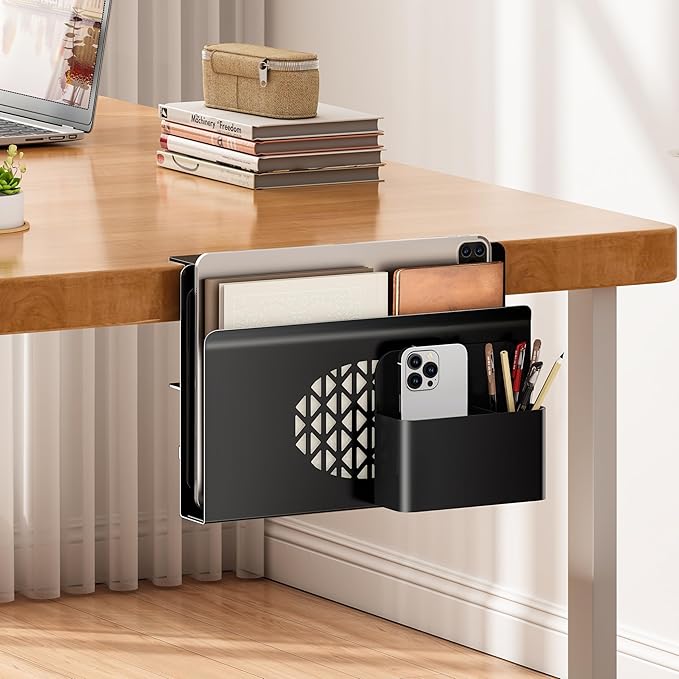Desk Side Storage, Metal Laptop Holder with Magnetic Pen Box, Clamp-On Under Desk Organizer with Cooling Holes & Anti-Scratch Pads for Office and Home (Black)