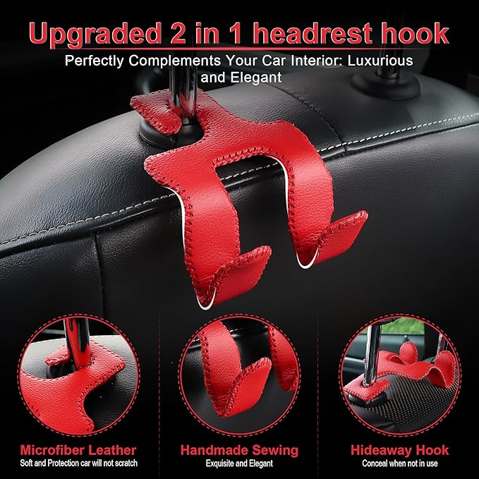 LivTee Upgraded Superior Leather Car Seat Back Headrest Hook, 2 in 1 Auto Seat Hook Hangers Holder Organization Interior Accessories for Purses Coats Umbrellas Grocery Bags Handbag (Red)