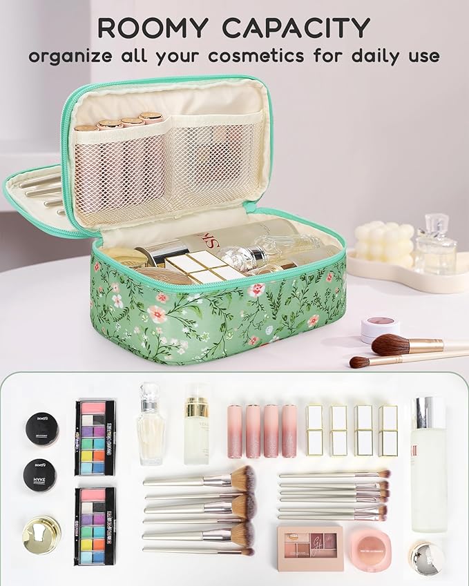 Relavel Small Makeup Bag, Travel Floral Cosmetic Bag with Makeup Brush Compartment, Portable Makeup Pouch for Women, Double Layer Makeup Organizer Bag Cute Toiletry Bag, Green Floral