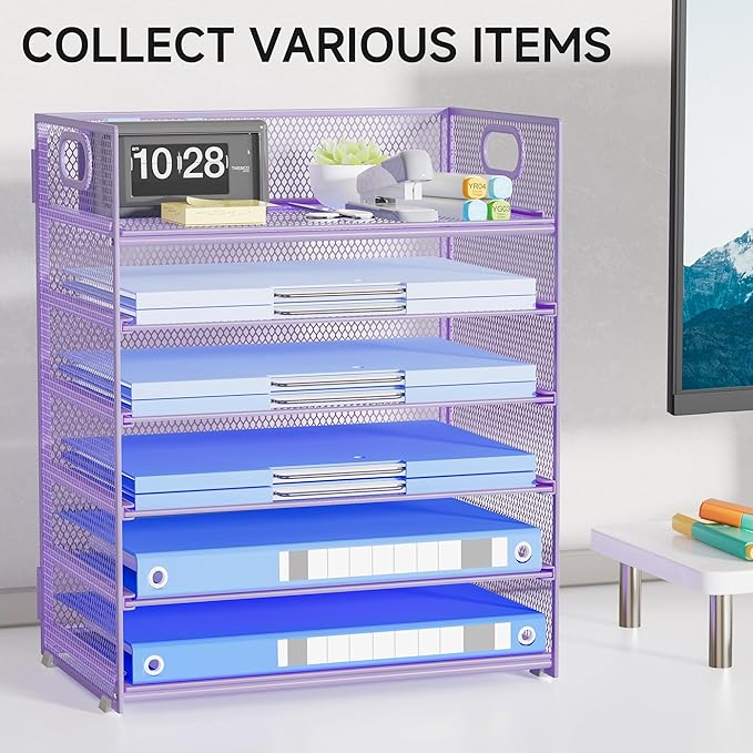 Purple Paper Organizer for Desk with Handle, 6-Tier Metal Mesh File Organizer | Stackable Desktop Organizer for Office Supplies & Stationery Storage