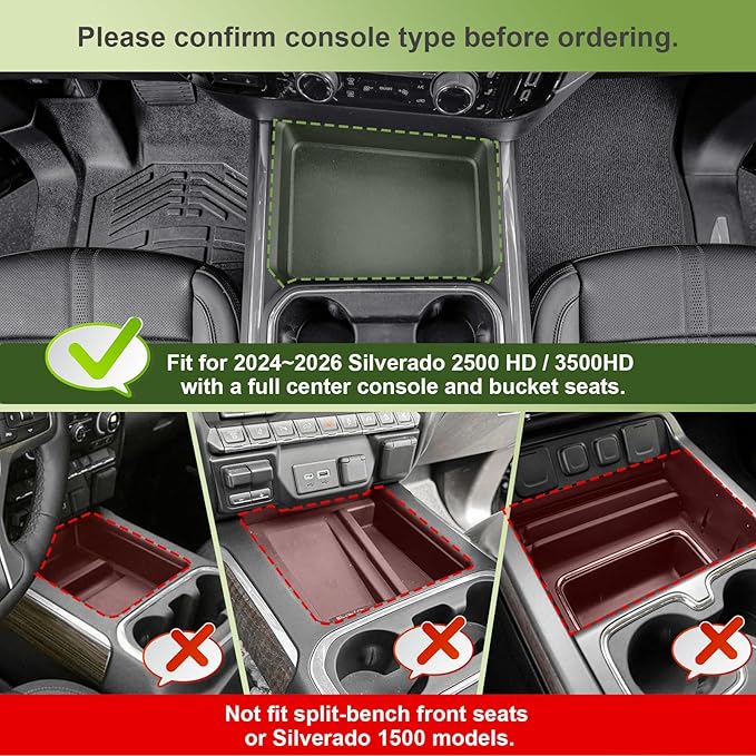 HGWEI Center Console Organizer Compatible with 2024-2026 Chevy Silverado 2500 HD/3500HD Interior Accessories, Armrest Compartment Divider Insert Storage Tray (Fit Full Console w/Bucket Seats Only)