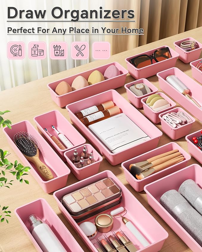 KEMETHY 25 PCS Plastic Drawer Organizers Set, 4 Sizes Vanity Organizer, Makeup and Desk Drawer Organizer Trays, Organization and Storage for Makeup, Bathroom, Kitchen Utensils and Office (Pink)