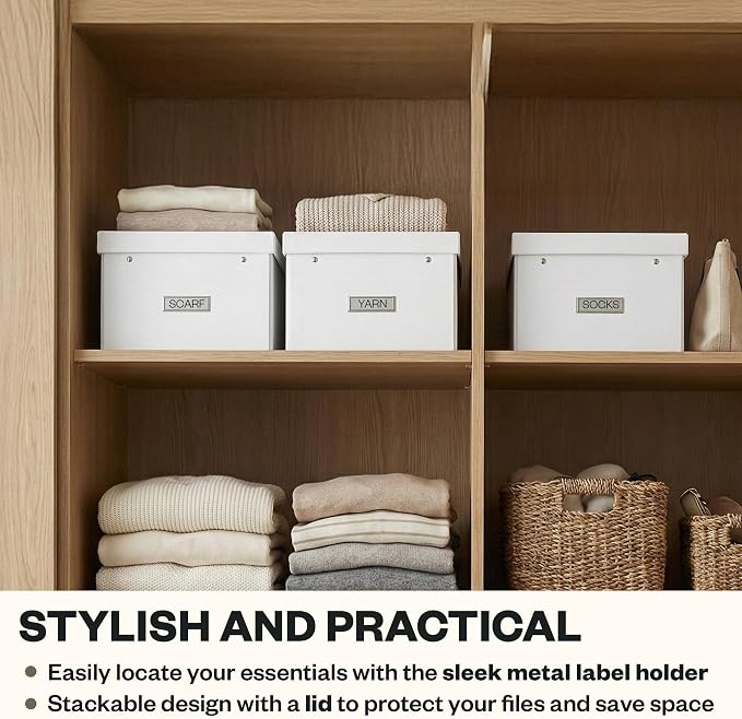 Bigso Box of Sweden Karin Collapsible Storage Box with Labelframe for Easy Identification - Simple Assembly Without Tools - Decorative Storage Boxes with Lids - 8.9in x 12.4in x 5.4in - White