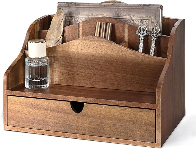 Rebee Vision Acacia Wood Mail Organizer for Desk – Farmhouse Countertop Mail Holder with Drawer for Office Accessories –Rustic Desktop Organizer for Home Decor (Acacia Wood)
