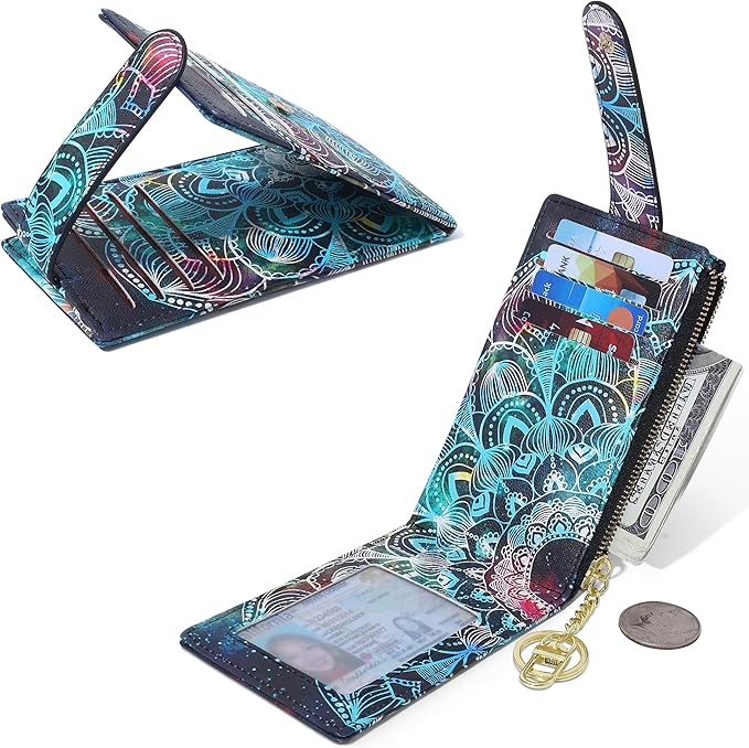 Badiya Slim Women Wallet RFID Blocking Bifold Compact 9 Card Slots Holder Wallets Soft Leather with Zipper Coin Pocket 2 ID Window