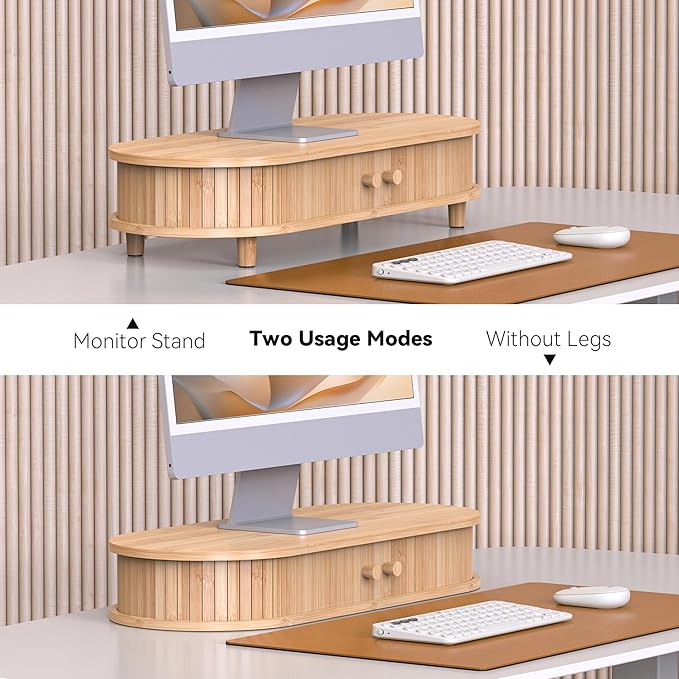 Bamboo Monitor Stand with Storage, Curved Computer Laptop Stand Desk Shelf Organizer with Sliding Doors (25 inch)