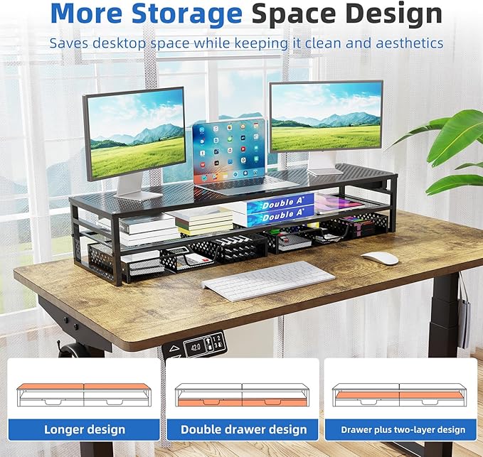 Simple Trending 2 Tier Metal Monitor Stand Riser with USB 2.0 and Charging Prot , Computer Office Desktop Organizer for 2 Monitors with 2 Drawer Storage and Reusable Cable Ties for Printer, TV, Black