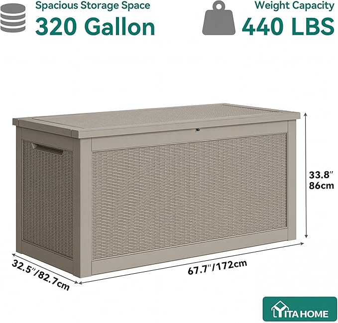 YITAHOME 320 Gallon XXL Large Deck Box, Outdoor Resin Storage Box, Lockable Storage Container for Patio Cushions, Furniture, Garden Tools, Water Resistant (Brown)