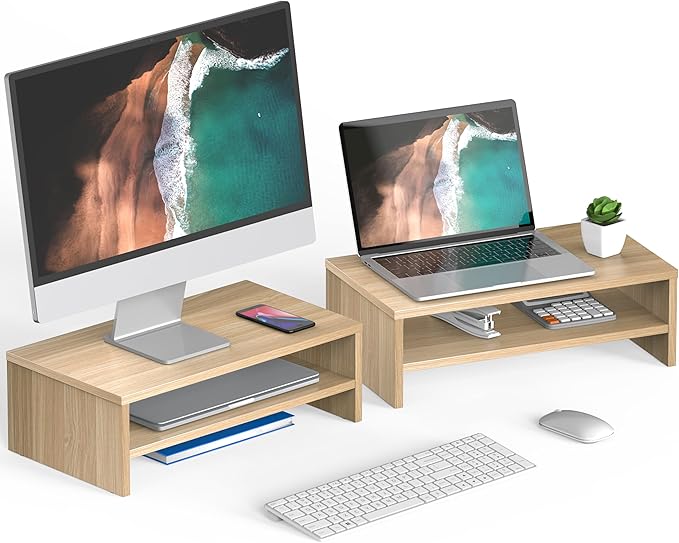 FITUEYES Computer Monitor Riser Stand Clamp Desktop Stand Workspace Organizer 2-Pack (Oak)