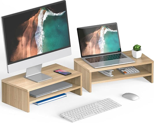 FITUEYES Computer Monitor Riser Stand Clamp Desktop Stand Workspace Organizer 2-Pack (Oak)