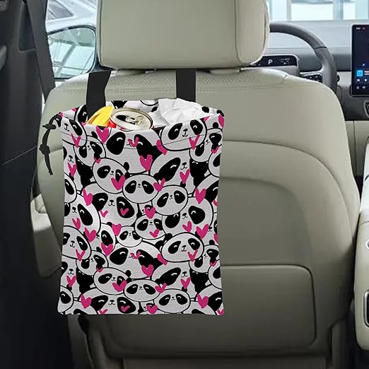 Car Trash Bag Hanging Cute Panda and Heart Car Trash Can Waterproof Garbage Bag Hanging for Car Back Seat