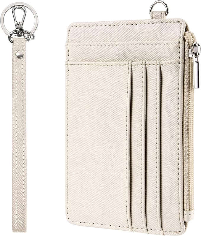 SEAVILIA Small Wallet for Women Slim Wristlet Keychain Wallets RFID Credit Card Holder With Zipper Pocket, ID Window (Beige)