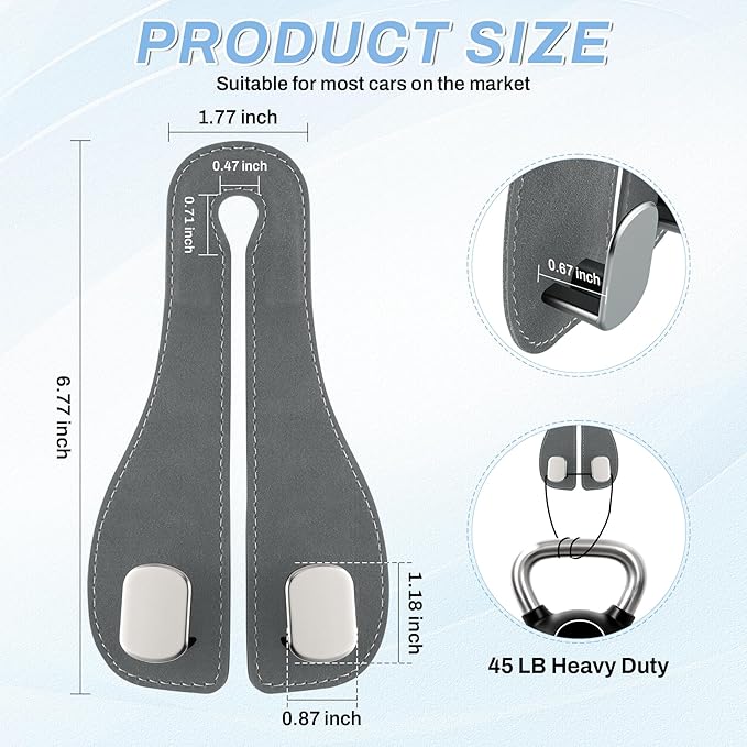 SINGARO 2PCS Car Purse Holder Hook, Seat Back Storage Hook, Leather-Wrapped Alloy Double Headrest Hook for Purses & Bags, Cute Car Interior Accessories for Women and Men, Gray