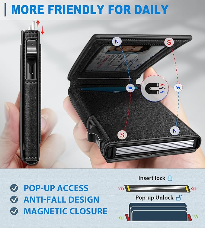 miyozi Wallet for Men, Slim Pop Up Card Holder - RFID Blocking Minimalist Bifold Wallet with ID Window, Holds 9-11 Cards & Stretchable Strap, Metal Flip Case with Magnetic Closure, Gift Box
