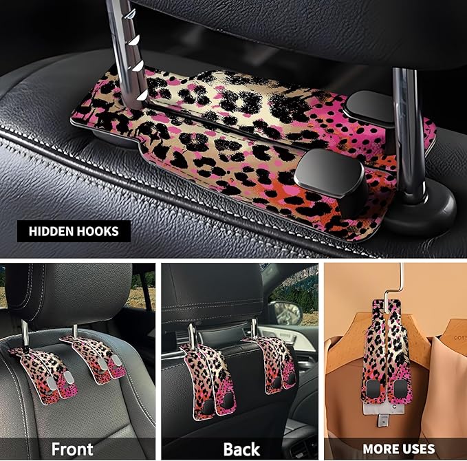 Car Seat Headrest Hook, Universal Leather Cute Hanger Holder Hook, Storage Organizer Interior Accessories for Purse Bags Handbag Colorful Leopard