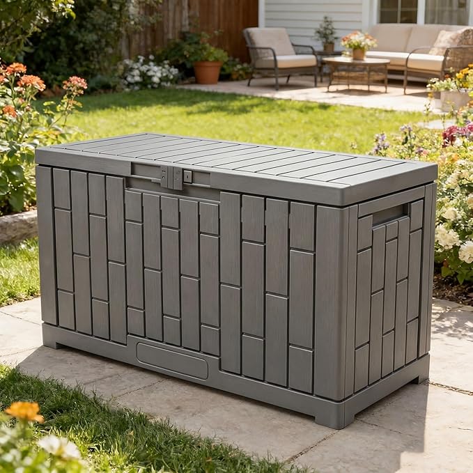 YITAHOME 60 Gallon Resin Deck Box, Weather Resistant Outdoor Rattan Storage Box with Slide-Locking Lid, Lockable Indoor Outdoor Storage for Supplies and Essentials, Taupe