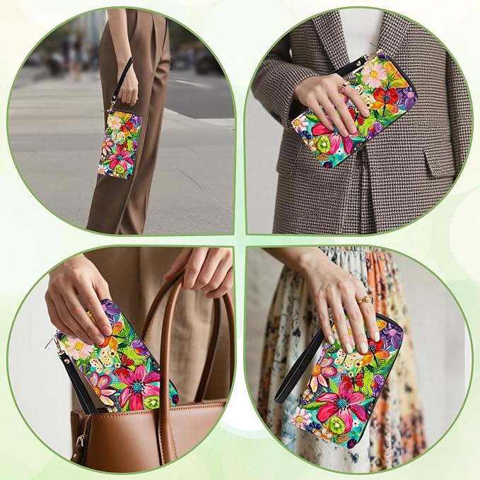 Floral Wallets for Women - Vibrant PU Leather Womens Wallet with Cash Zipper Coin Purse, Small Credit Card Holder Travel Wallet, Wristlet Wallets for Female Ladies Mom Girls Purse (Flower Lovers Gift)