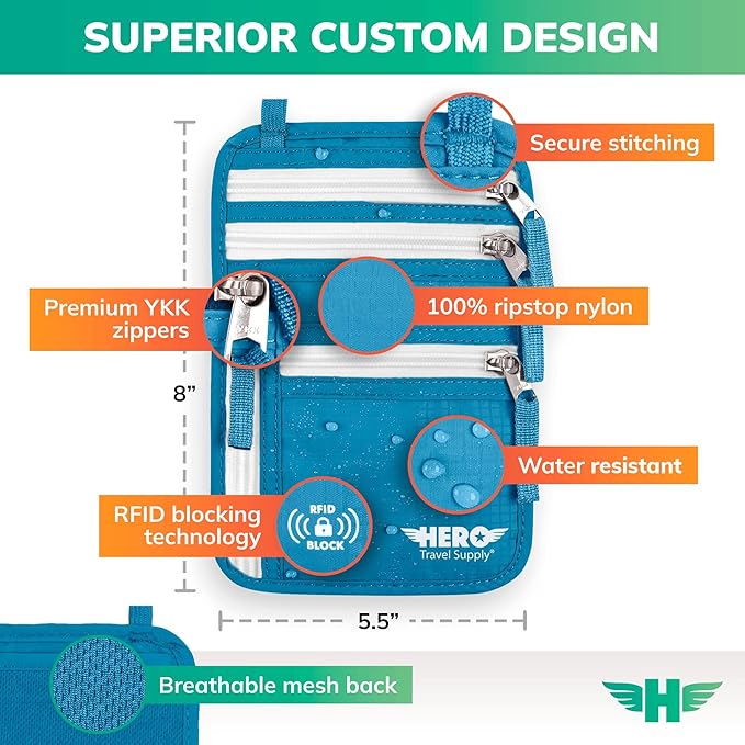 HERO Neck Wallet - RFID Blocking Passport Holder, Easy to Conceal and Pouch (Aqua)
