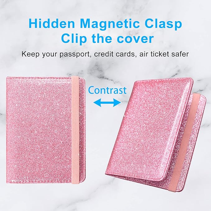 ACdream Passport Holder Cover, Leather Travel Wallet Case, RFID Blocking Document Organizer Protecrtor, with Slots for Credit Cards, Boarding Pass, for Women and Men, Glitter Pink
