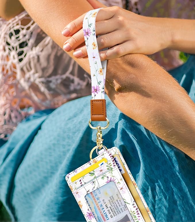 Coco Rossi Slim Front Pocket Wallet RFID ID Card Holder Cute Small Wallet with Wrist Lanyards Key Chain Holder for Women,White Daisy