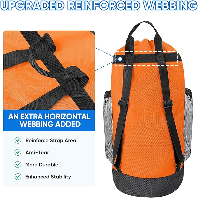 BALEINE 150L Laundry Bag Backpack, 900D Oxford Fabric Large Travel Laundry Bags with Shoulder Straps and 2 Mesh Pockets for College Dorm, Apartment, Laundromat (Orange, 150L)