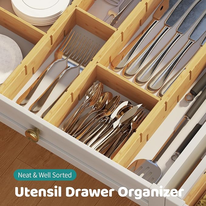 6 Pack Bamboo Drawer Dividers with Inserts, Kitchen Adjustable Drawer Organizers, Expandable Organization for Home, Dressers, 6 Dividers with 12 Inserts