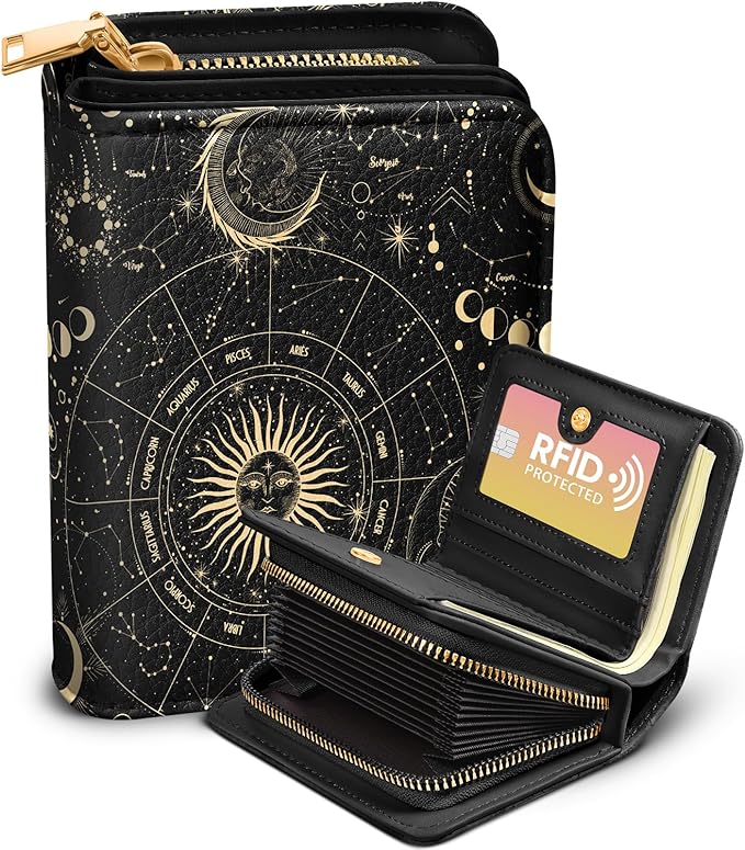 Bistup Credit Card Holder Wallet for Women Cute Leather Ladies Teen Girls Female Cardholder Wallets Accordion Purse Small Medium Aesthetic Print Stars Modern Design Rfid Zipper Around