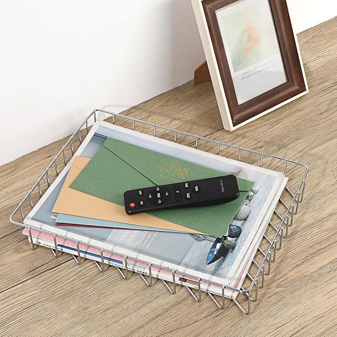 BTSKY Multipurpose A4 File Tray Wire Desk Tray Organizer Elegant Letter Size Desk Documents Tray Magazine Files Storage Basket Organizer Bin for Office Cosmetics Bathroom (Silver)