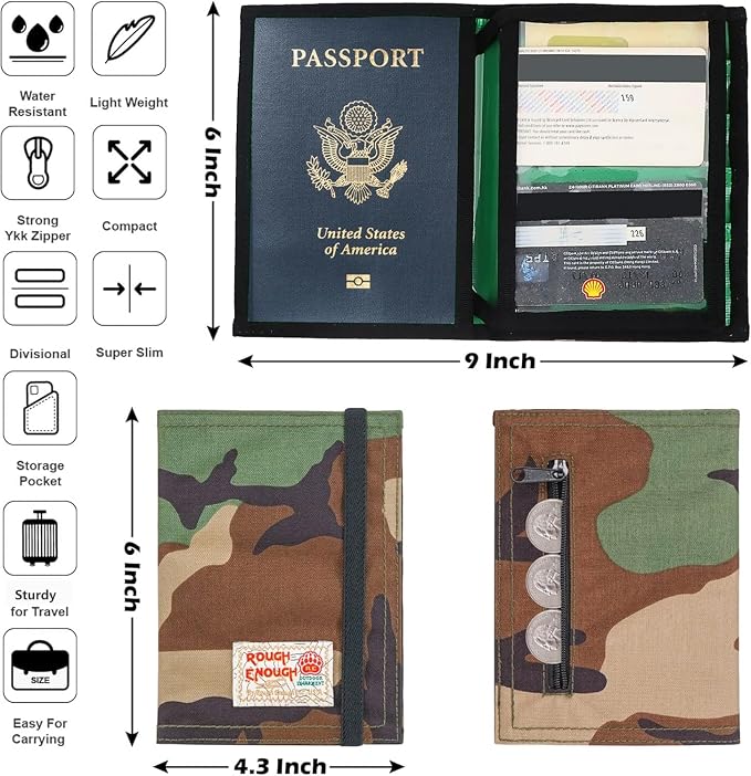 Rough Enough Passport Holder Wallet Cover Case Men Women Kids Family for Travel Vacation Trip Essential Cordura Camo