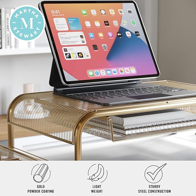 Martha Stewart Ryder Gold Mesh Metal Desktop Monitor Stand Riser with Organizer Drawer and Side Storage