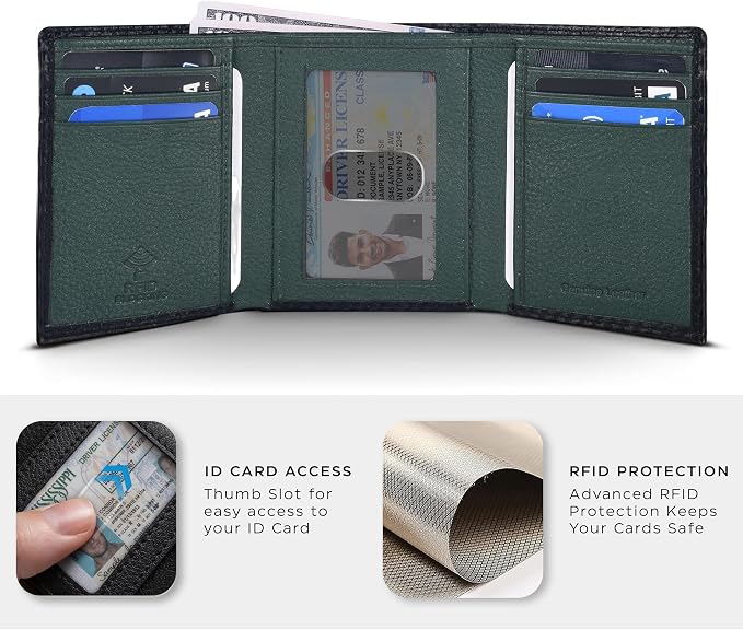 Tri fold Leather Wallet for Men with RFID | Slim Wallets for Men with 1 ID and 6 Credit card slots | Front Pocket Minimalist