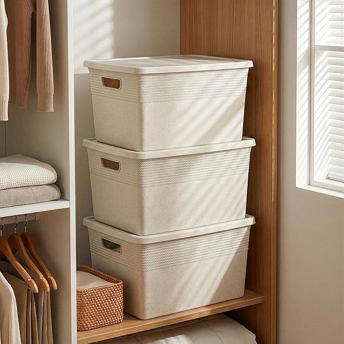 BINO | Plastic Storage Bins with Lids, 22 Liter - 3 Pack, Natural | THE BRAIDED COLLECTION | Plastic Bins for Organization Woven Storage Baskets for Organizing Pantry Shelf Organizer Basket Bin
