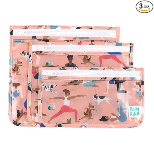 Bumkins Travel Bag, Toiletry, TSA Approved Pouch, Zip Bag, Quart Size Airline Compliant, Clear-Sided, Baby, Diaper Bag Organization, Makeup, Accessories, Carry On Packing, Set of 3 Sizes, Yoga Pals