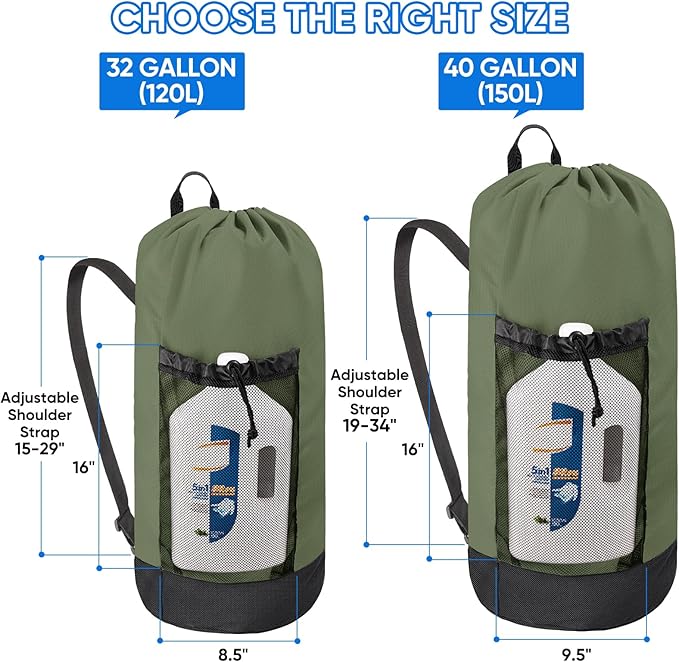 BALEINE 2PK 120L Laundry Bag Backpack, 900D Oxford Fabric Large Travel Laundry Bags with Shoulder Straps and 2 Mesh Pockets for College Dorm, Apartment, Laundromat (Green, 120L)