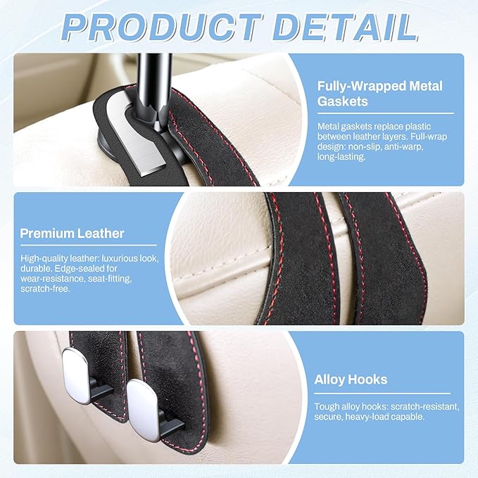 SINGARO 2PCS Car Purse Holder Hook, Seat Back Storage Hook, Leather-Wrapped Alloy Double Headrest Hook for Purses & Bags, Cute Car Interior Accessories for Women and Men, Black