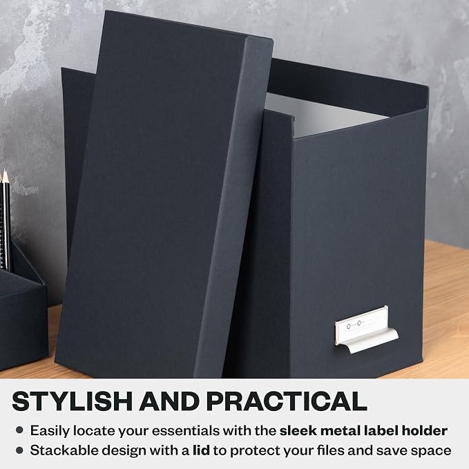 Bigso John Fiberboard Label Frame Desktop File Storage Box - Document Organizer for Important Paperwork - Durable Hanging File Box with a Lid & Metal Label Window - 7.36 x 13.38 x 10.51 in - Dark Grey