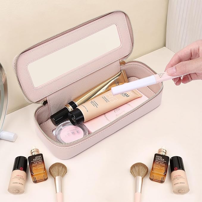 Pinkmik Clear Makeup Bag with Brush Bag Portable Cosmetic Bag Case Travel Toiletry Bag Car Essential for Women (Pink, L+SLIM)